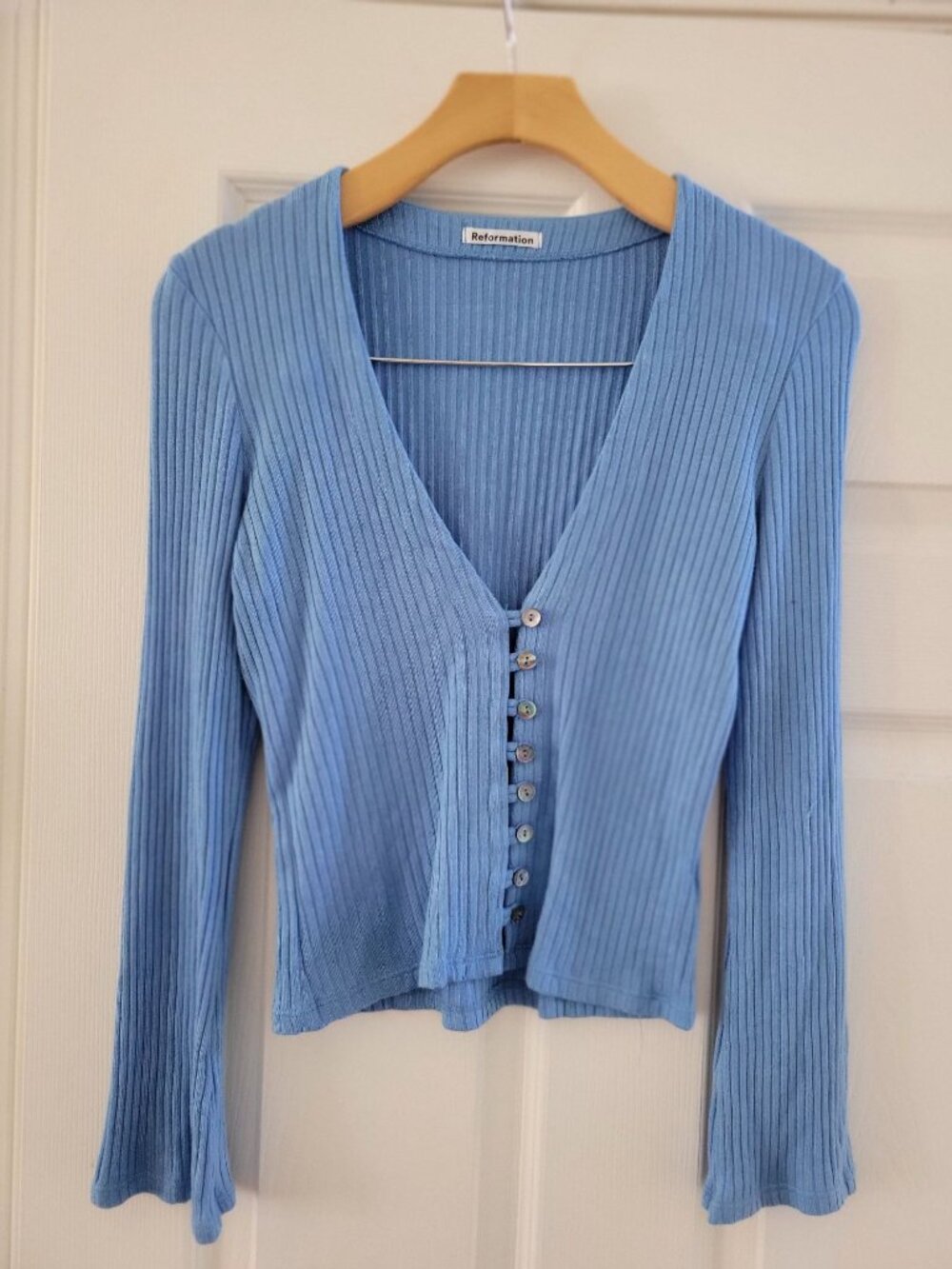 Reformation Pastel Blue Gellar Sweater size Medium Tencel V neck Feminine - Picture 2 of 10